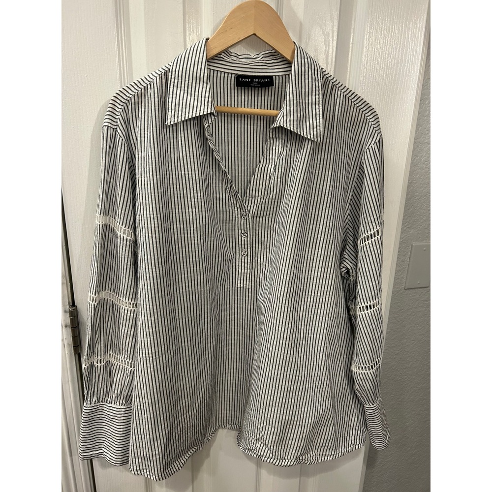 Lane Bryant Tunic Black White Striped Crochet Lace Sleeve Cotton Blouse 18/20